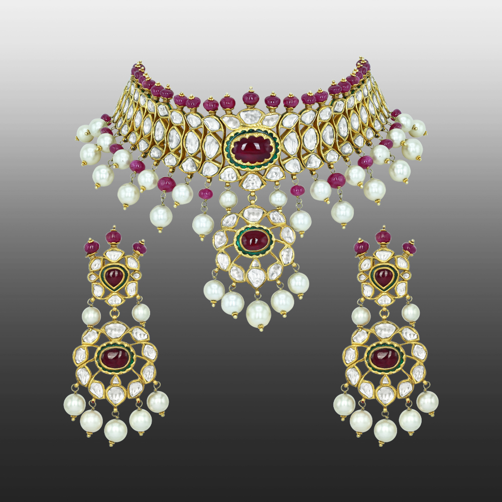 Polki Choker Set with Ruby Cabochons, Pearl Drops, and Pendant